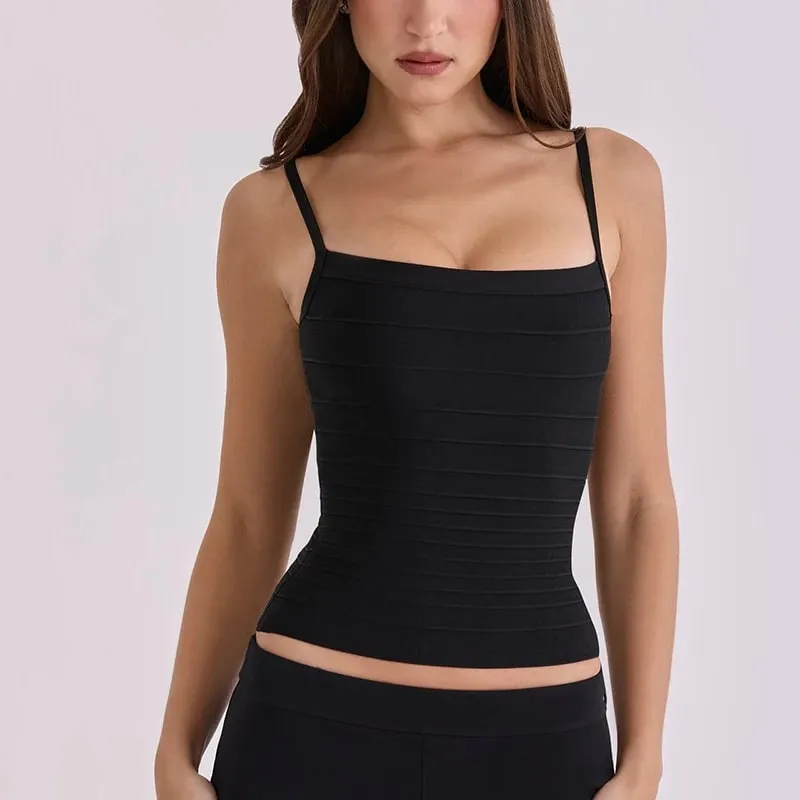 Women Summer Solid Color Bandage Camisole Slim Fit Square Neck Spaghetti Strap Ribbed Knit Cami Top