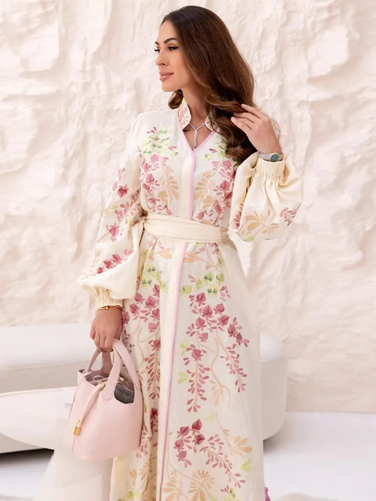 Retro Floral Print Women's Long Dress With Tassel Belt Stand Collar Long Sleeve Muslim Kaftan Dresses 2026 Spring New Lady Robes — image 7