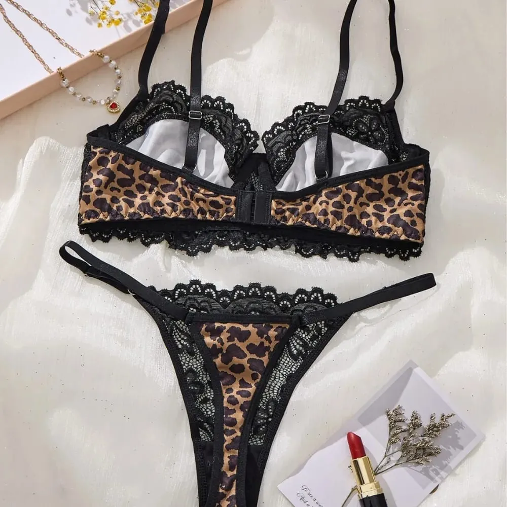 Sexy Fashionable Wild Leopard Print Lace Underwear for Women Lightweight Uplifting Gathering Underwear Bra Set — image 2