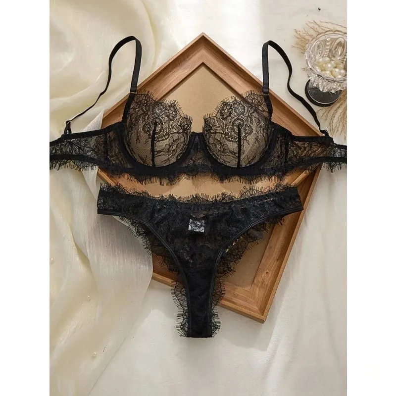 Ladies' Basic Style Thin Lace Bra and Panty Set Seamless Single Layer Eyelet Underwear Comfortable Intimate Apparel — image 2