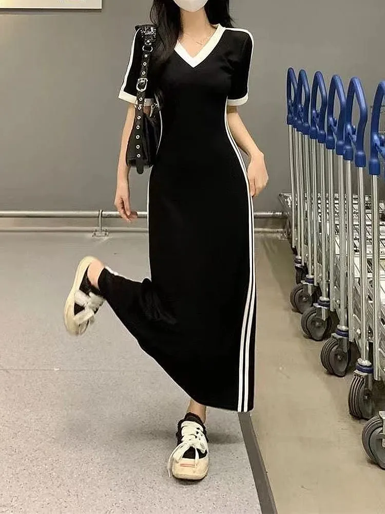Women Autumn Midi Dress Fashion Patchwork V-Neck Short Sleeve Black Long Skirt High Waist A-Line Dress Sports Ankle-length Dress — image 5
