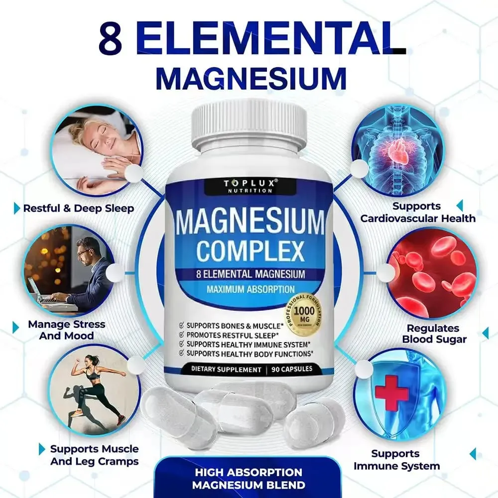 Magnezyum Kompleksi Takviyesi | 1000mg Magnezyum Glisinat Malat Sitrat | 8 Elementli Şelatlı Formül | Vegan GDO'suz 90 C — image 5