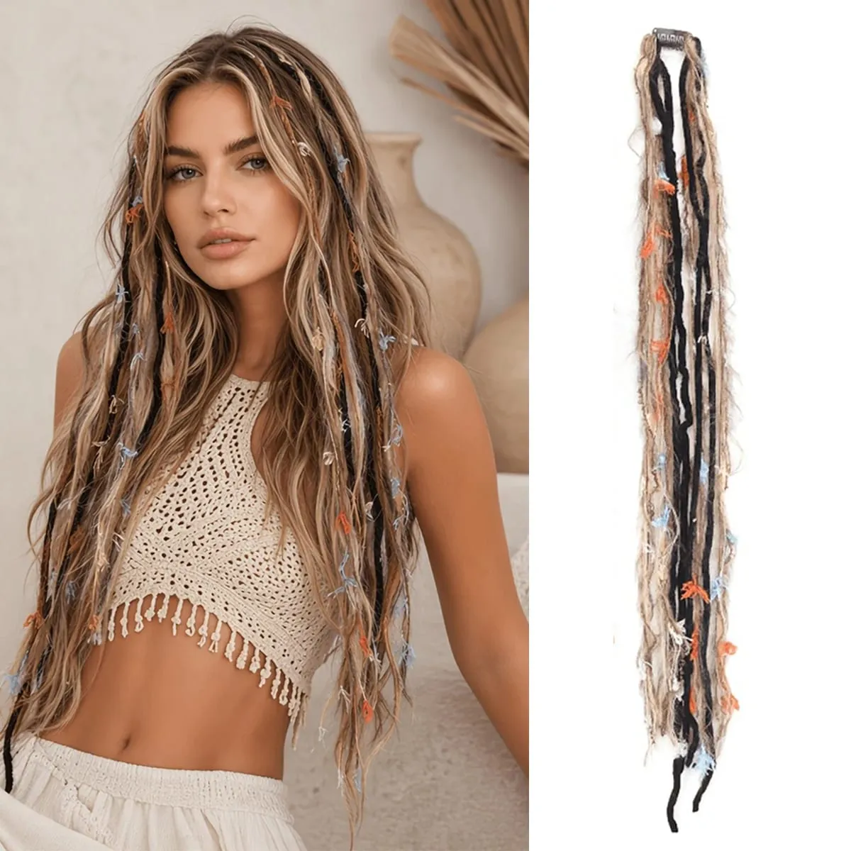 Clip In Dreadlock Hair Extensions Bohemian Frayed Wispy Thin Synthetic Boho Braids For Women Daily Rave Party Hairstyle — image 8
