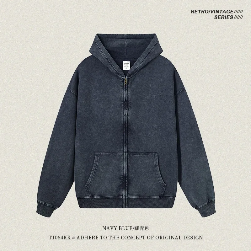 Retro Autumn Batik Washed Zipper Hoodie For Men Unisex Oversized Distressed 420gsm Terry 100% Cotton Hooded Coats HY0936 — image 30