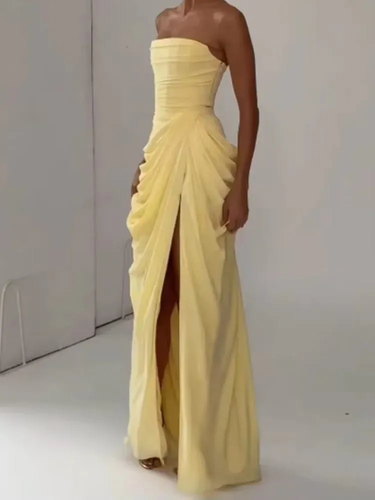 Lady Sexy Strapless Split Solid Geplooide Jurk Vrouwen Chic Backless Hoge Taille Off-shoulder Jurken 2026 Nieuwe Avondfeest jassen — image 2
