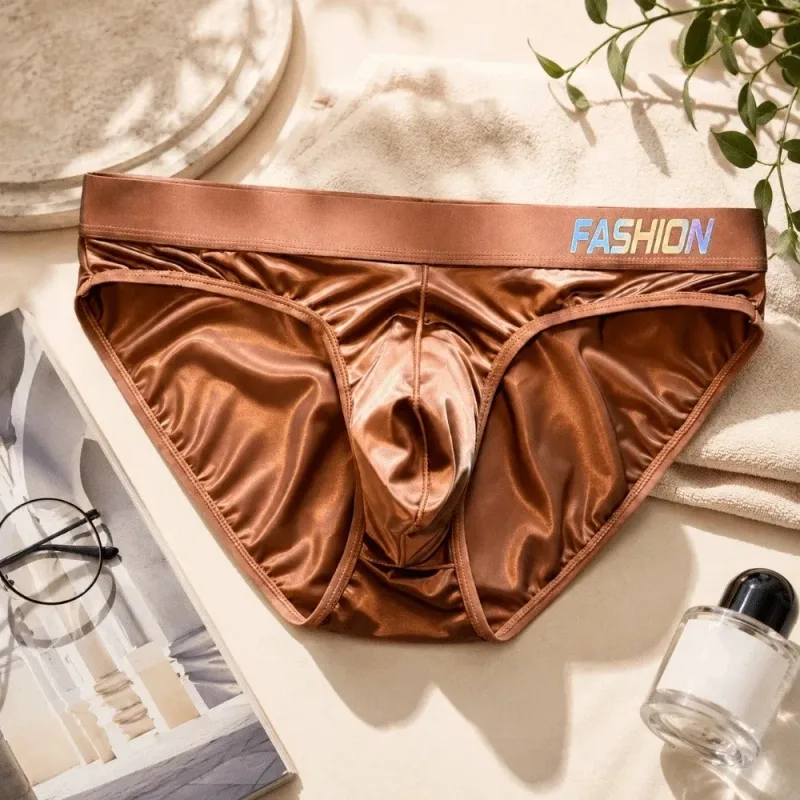 Underwear Men's Triangle Panties Low Waist Ultra Smooth Satin Silky Briefs Lingerie Gradient Letter Glossy Underpants Large Size — image 12