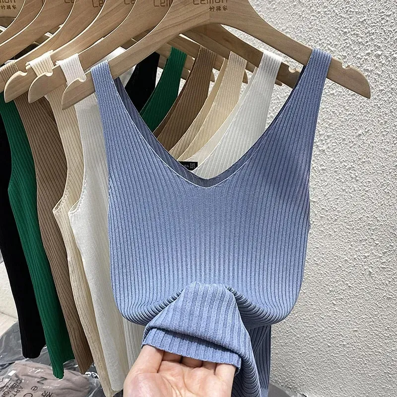 Zjaiss 2026 Summer Fashion Women Camisole Ice Silk Knit Tank Top Slim Fit Sleeveless Base Top Solid Color V-Neck Crop Top — image 11