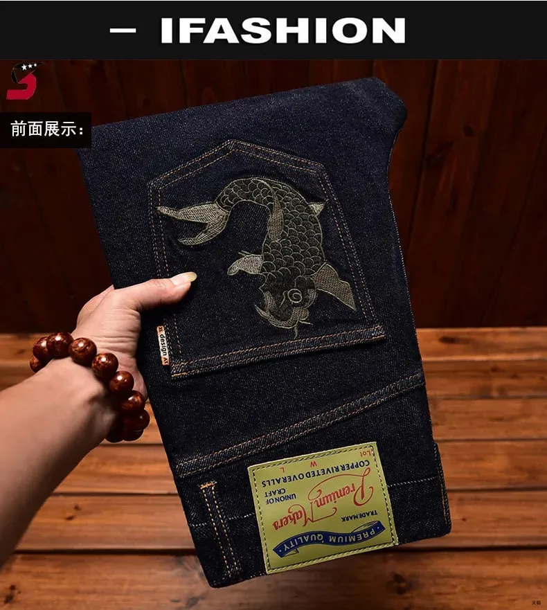 High end trendy Chinese style embroidered printed jeans men's fashion design slim fit small feet elastic denim pants