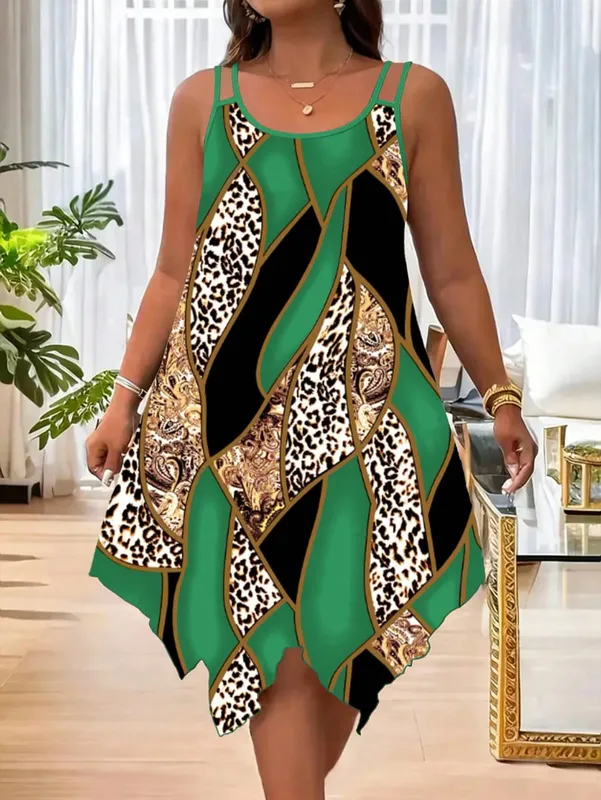 Plus-size women's fashion asymmetrical geometric stripes printed double strap dress — image 9