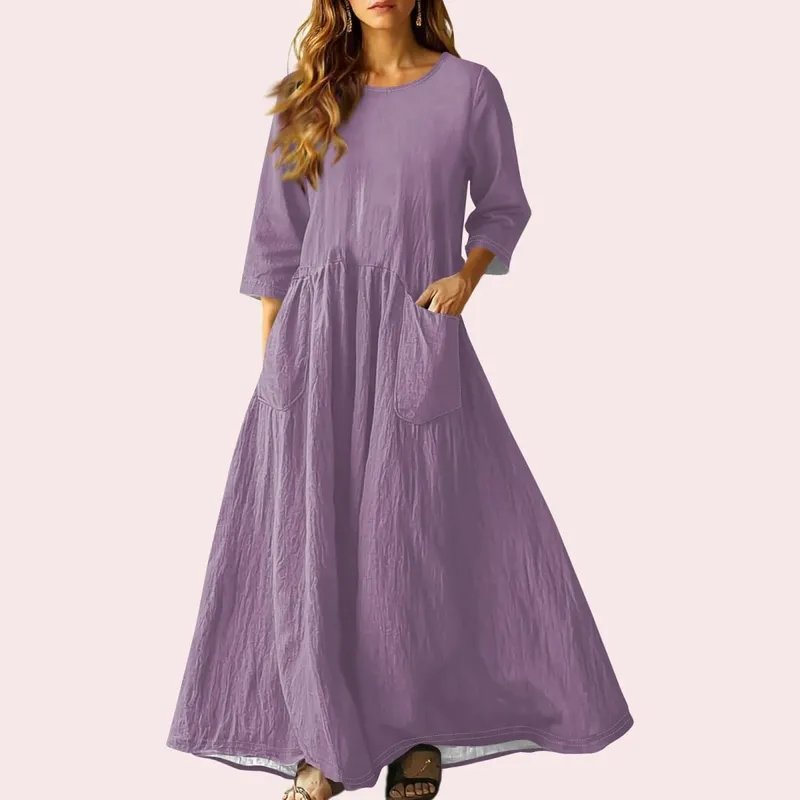 Women's Summer Loose Long Dresses Solid Color Three-quarter Sleeve Double Pocket Dress Loose Round Neck Linen Dress Vestidos