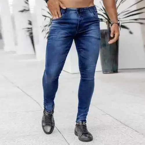 Men High Waist Skinny Jeans Stretch Pencil Pants Solid Color Ins Trendy Street Slim Fit Denim Trousers Male Casual Pants