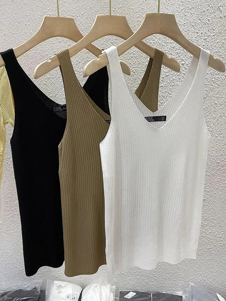 Zjaiss 2026 Summer Fashion Women Camisole Ice Silk Knit Tank Top Slim Fit Sleeveless Base Top Solid Color V-Neck Crop Top — image 4