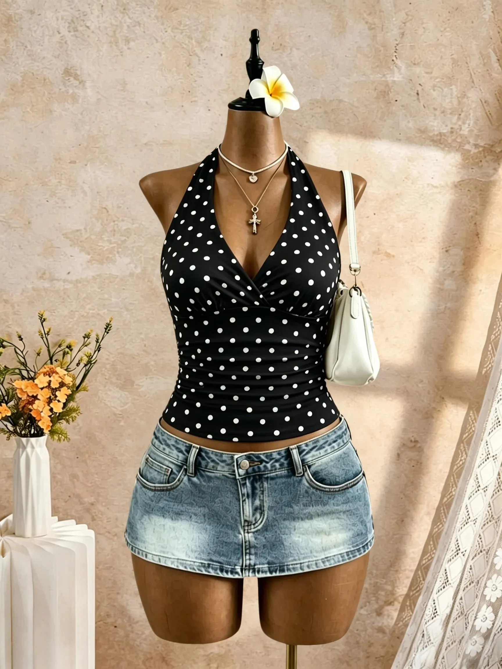 Women Halter Deep V Neck Wrap Front Side Ruched Waist Sleeveless Crop Cami Top Solid White Slim Fit Summer Beach Vacation Casual — image 9