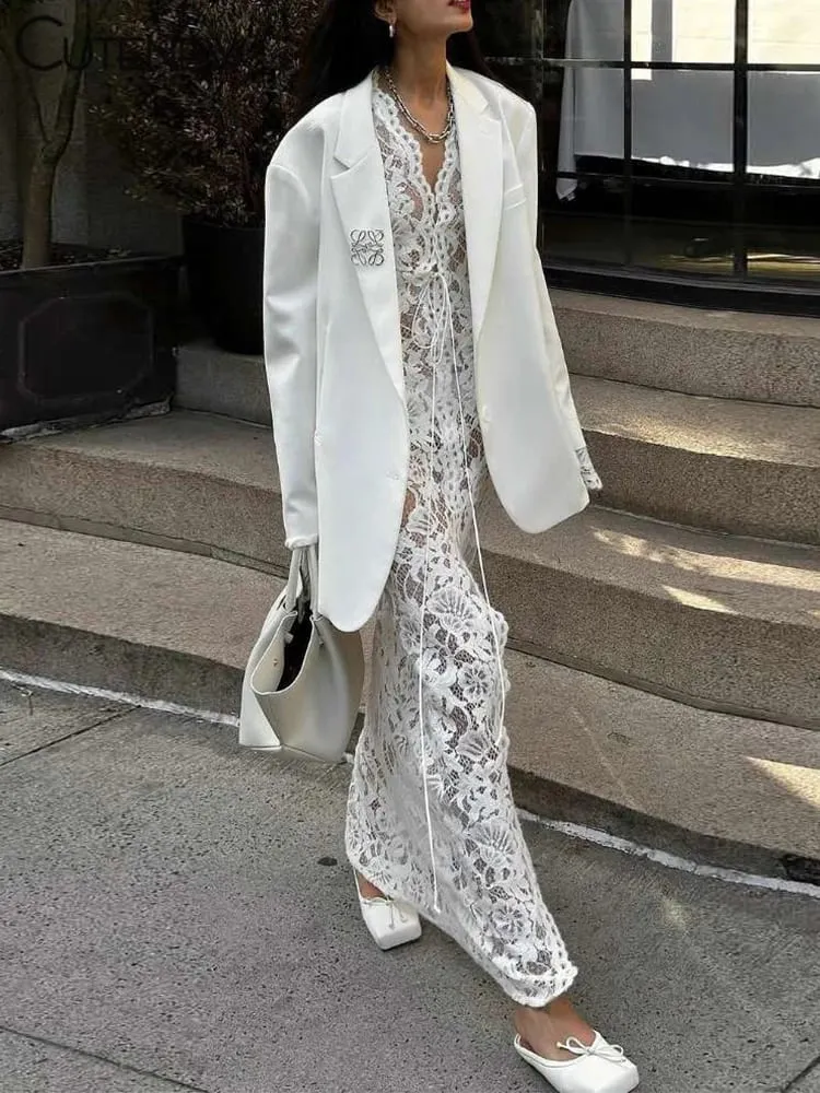 Cutenew-Vestido largo de encaje transparente para mujer, vestido Sexy liso de manga larga con cuello redondo, vestido ceñido, bata de noche impresionante para mujer