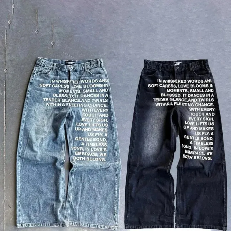 American Y2K Washed Letter Printed Wide Leg Jeans Men's Retro Street Style Hip-hop Trendy Brand Loose Fitting Unisex Pants — image 1