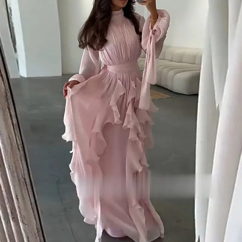 Fashion High Waist Pleat Party Dress Lady Casual High Collar Layered Banquet Dress Elegant Long Sleeve Solid Color Evening Dress — image 7
