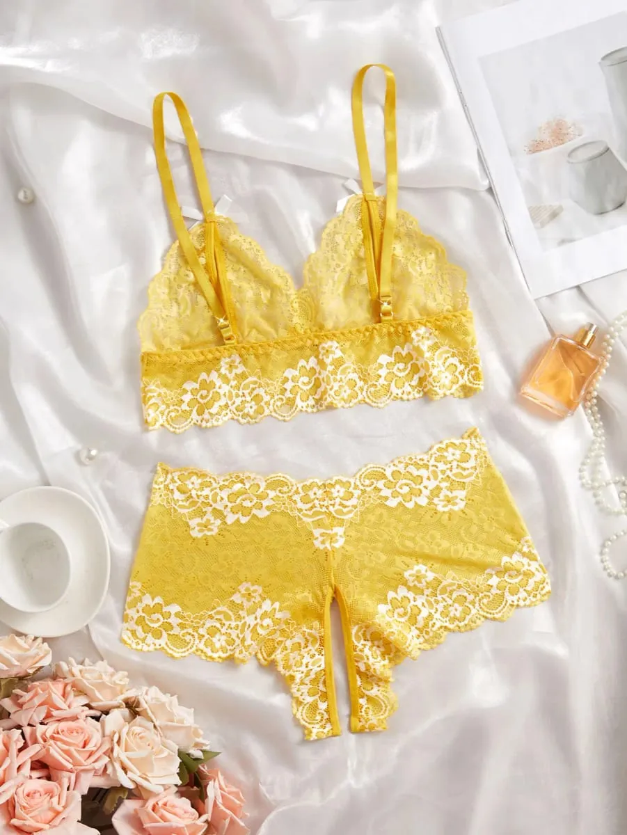 Sexy Lingerie Set Women Lace Bra And Panty See Through Floral Embroidery Bralette Transparent Erotic Underwear Bow Nightwear — image 3