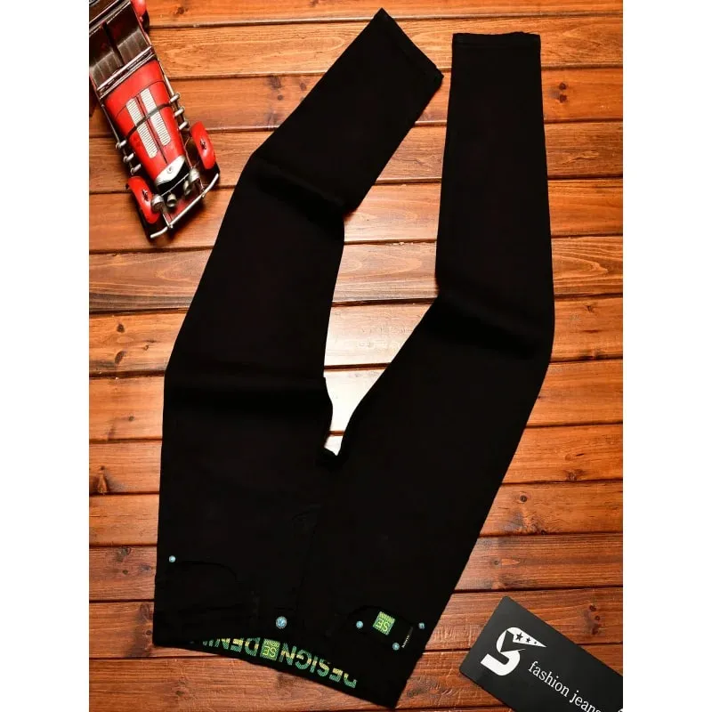 2025Autumn Fashion Simple Black Jeans for Men Trendy Embroidery Print Design Korean Style Stretch Slim Fit Skinny Pants — image 4