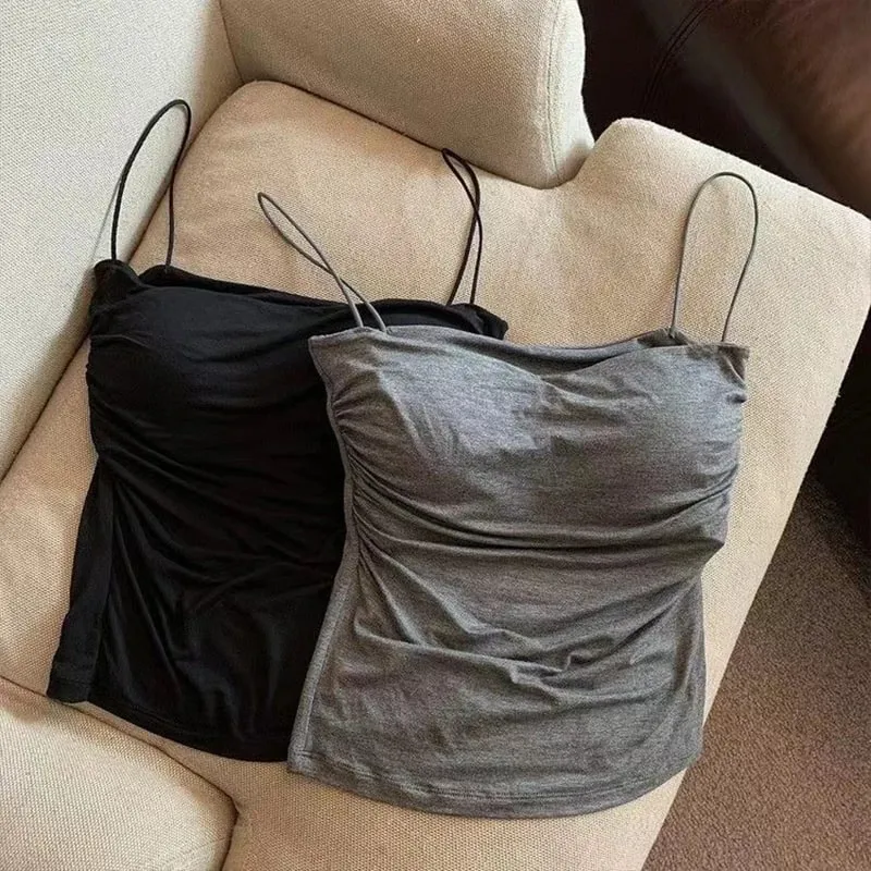 New-Sexy Solid Pleated Tank Camisole Women's Summer Spaghetti Strap Sleeveless Tops — image 3
