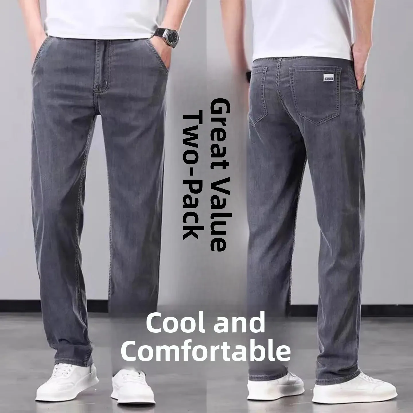 Summer Thin Wide Leg Pants Loose Fit Casual Ice Silk Jeans Men's Breathable Straight Cut Long Trousers Business Gentleman Style