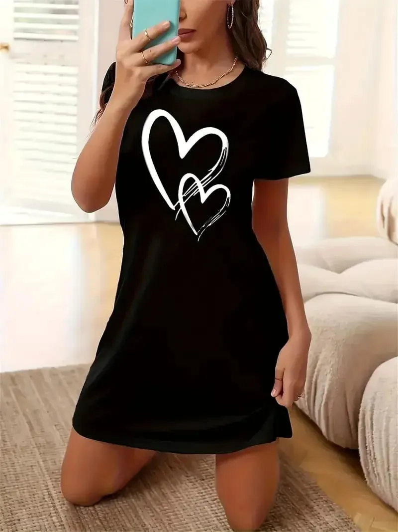 Women's Fashionable Love-Print Short-Sleeved Round-Neck Elegant Dress — image 5