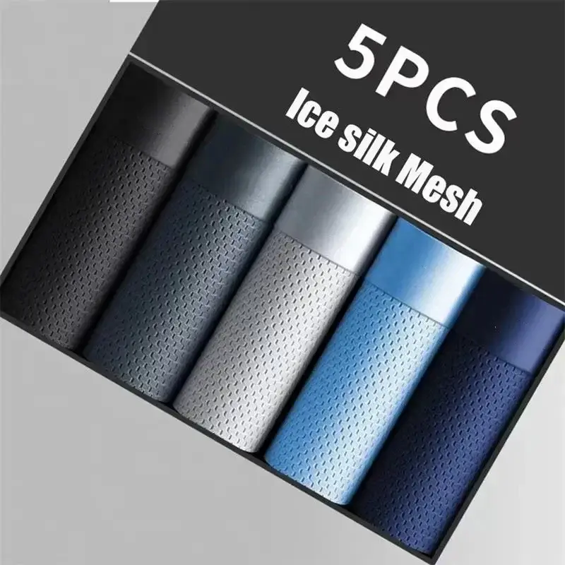 5pcs Men's Underwear Ice Silk Mesh Men Boxer Shorts Plus Size Panties Sexy Men Boxer Summer Breathable Light Thin Underpants — image 1