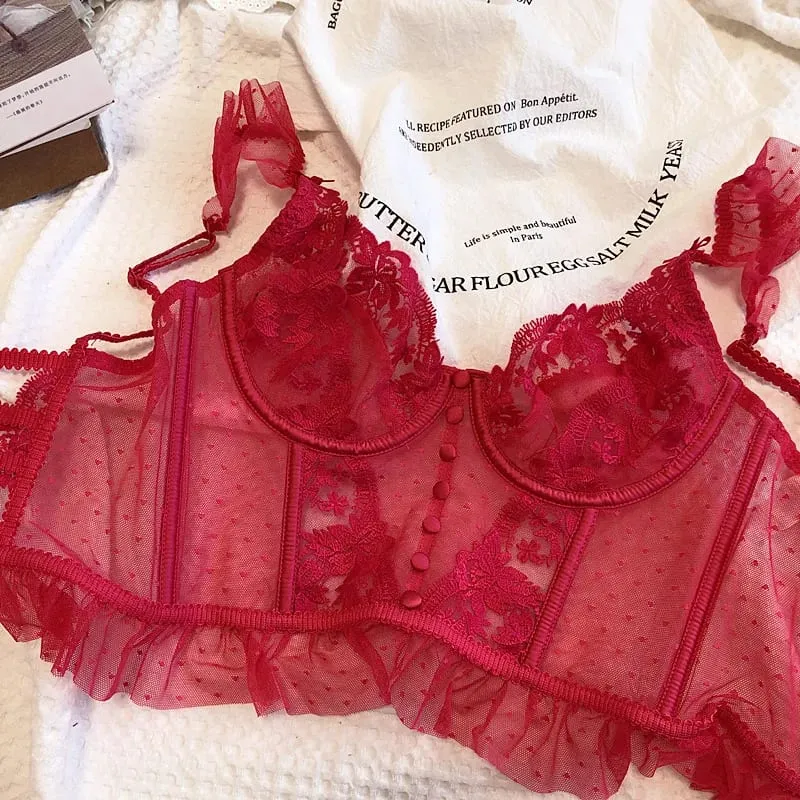 Hot Sale French Sexy Lingerie Set for Women Ultra Thin See Through Bra Panty Set Embroidery Lace Shaping Camisole Underwear Set — image 9