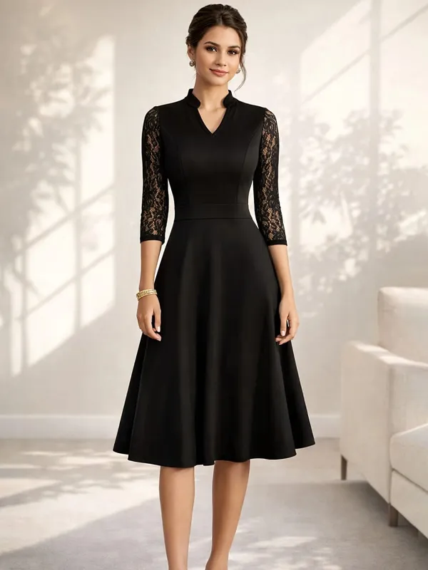 Women Sexy V-Neck Lace 2/3 Sleeve Summer Work Office Knee Length Base Show Thin Temperament Fit And Flare Swing A-Line Dress — image 4