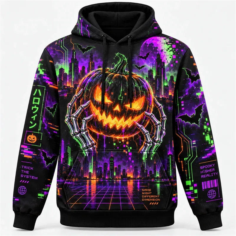 Halloween Hoodie 3D All Over Print Polyester Sweatshirt Gothic Ghost Pumpkin Bat Witch Skull Horror Streetwear Pullover Unisex — image 2