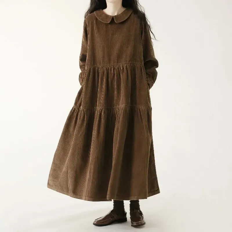 Autumn Winter Corduroy Dress Women Casual Dresses Fashion Female Vestidos Long Sleeve Vintage A-line Dress Women's Dresses — image 2