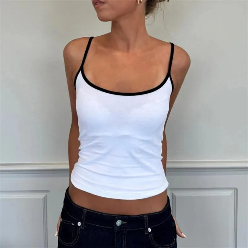 hirigin Y2K Color Block Trim Cami Top White Piping Spaghetti Strap Slim Fit Tank Solid Color Casual Streetwear Going Out Tops