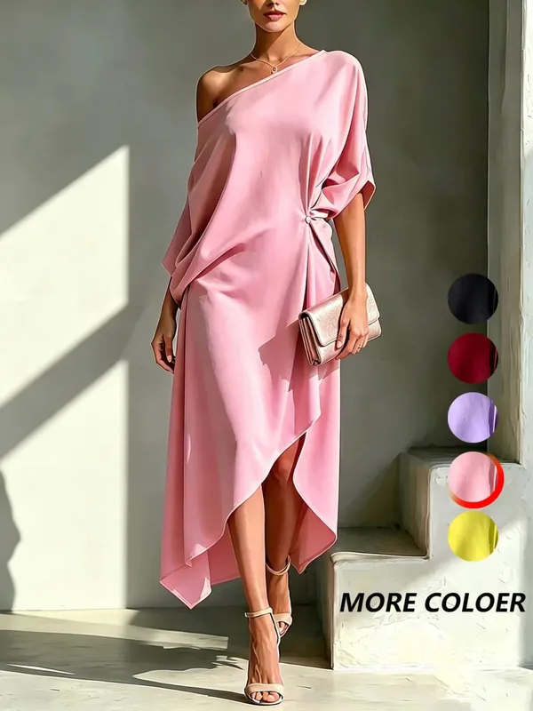 Elegant Off Shoulder Half Sleeve Dress Women Summer Batwing Sleeves Irregular Button Design Vintage Casual Holiday Beach Dresses — image 9
