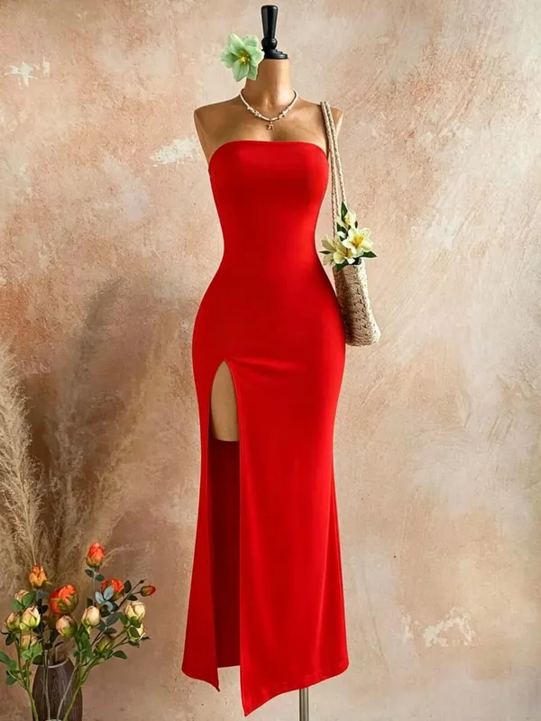 Women Strapless Tube Top Midi Bodycon Dress High Side Slit Solid Black Sleeveless Slim Fit Evening Party Long Dress