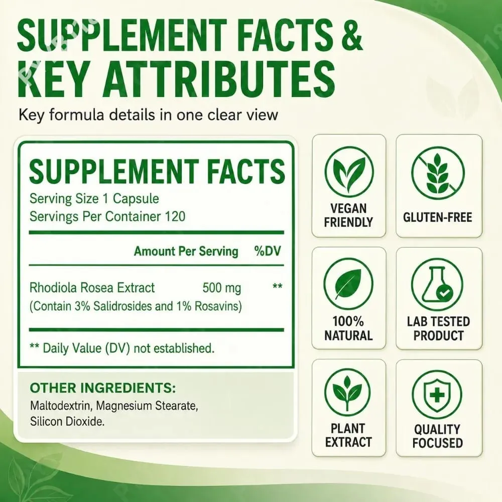 Rhodiola Rosea Capsules High Potency Formula Supports Mental Clarity & Focus Energy & Endurance Immune Health & Vitality 120 Ct — image 3