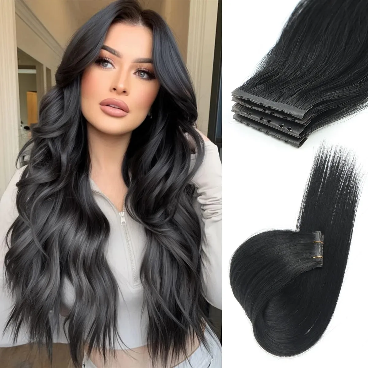 Butterfly Weft Hair Extensions Human Hair Glue-Free Double Invisible Weft with Micro Beads Natural Volume and Length 12-24Inches