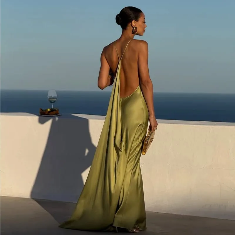 Backless Satin Long Sling Dress Women V Neck Sleeveless Slit Solid Sexy Party Dresses 2026 Summer Lady Vacation Evening Robes