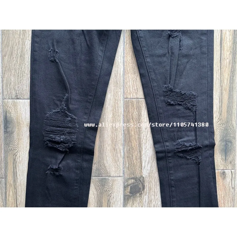 Men's High Street American Fashion Style Jeans Distressed Black Damaged Holes Stretch Skinny Button Fly Ripped Jeans — image 6