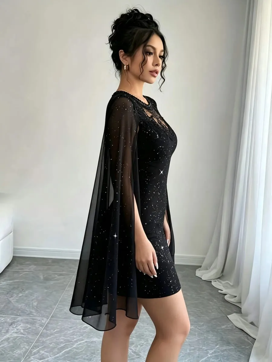 Women Black Glitter Bodycon Mini Dress Lace Crew Neck Sheer Cape Sleeve Slim Party Club Evening Cocktail Short Dress — image 3