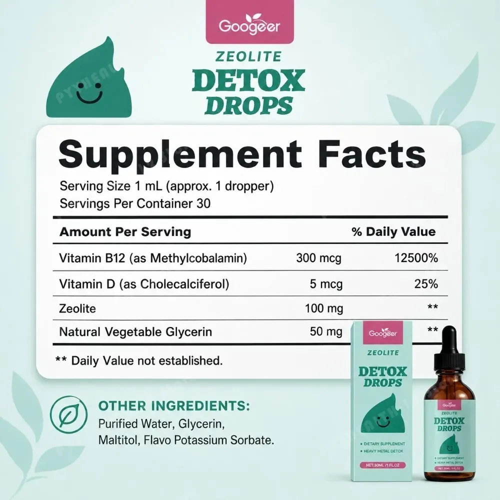 Googeer Zeolite Detox Drops 30ml Heavy Metal Support Vitamin B12 D3 Daily Cleanse Formula Non-GMO Soy-Free Dietary Supplement — image 2