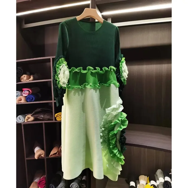 Pleated Tie Flower Long Sleeve Women's Dress Chic New Loose Colorblock Patchwork Design Beading Famale Clothing 2DB6651 — image 7