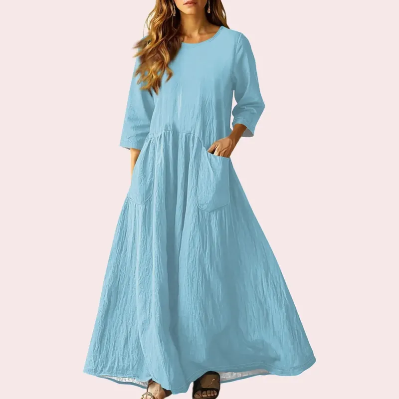 Women's Summer Loose Long Dresses Solid Color Three-quarter Sleeve Double Pocket Dress Loose Round Neck Linen Dress Vestidos