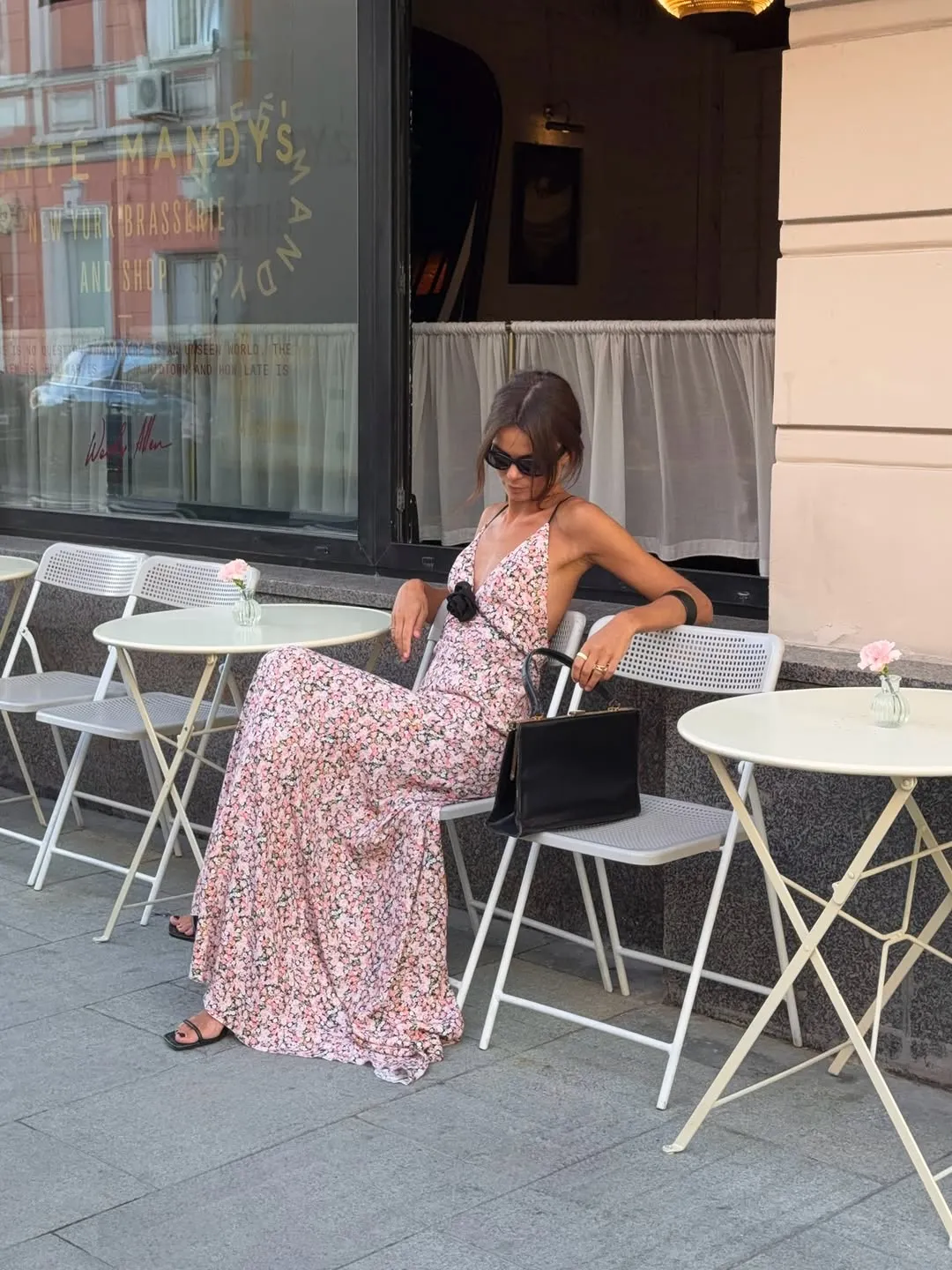 Pink Ditsy Floral Satin Maxi Dress Spaghetti Strap Deep V Neck Front Black Rose Detail Ruffle Hem Women Street Vacation Dress
