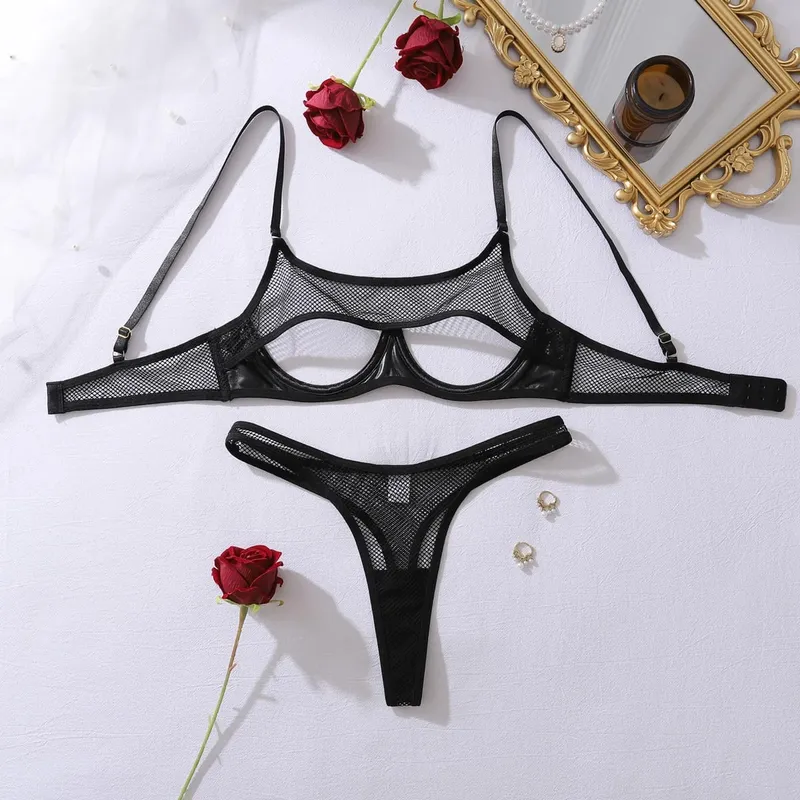 2026 new hollowed out open chest fishing net gathering shaping sexy lingerie split set