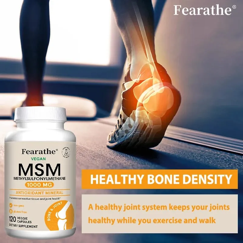 Fearathe Methylsulfonylmethane (MSM) สารต้านอนุมูลอิสระ 1,000 มก. ส่งเสริมสุขภาพข้อต่อ การดูดซึมแคลเซียมที่สมดุล ไม่ใช่จีเอ็มโอ ปราศจากกลูเตน — image 3