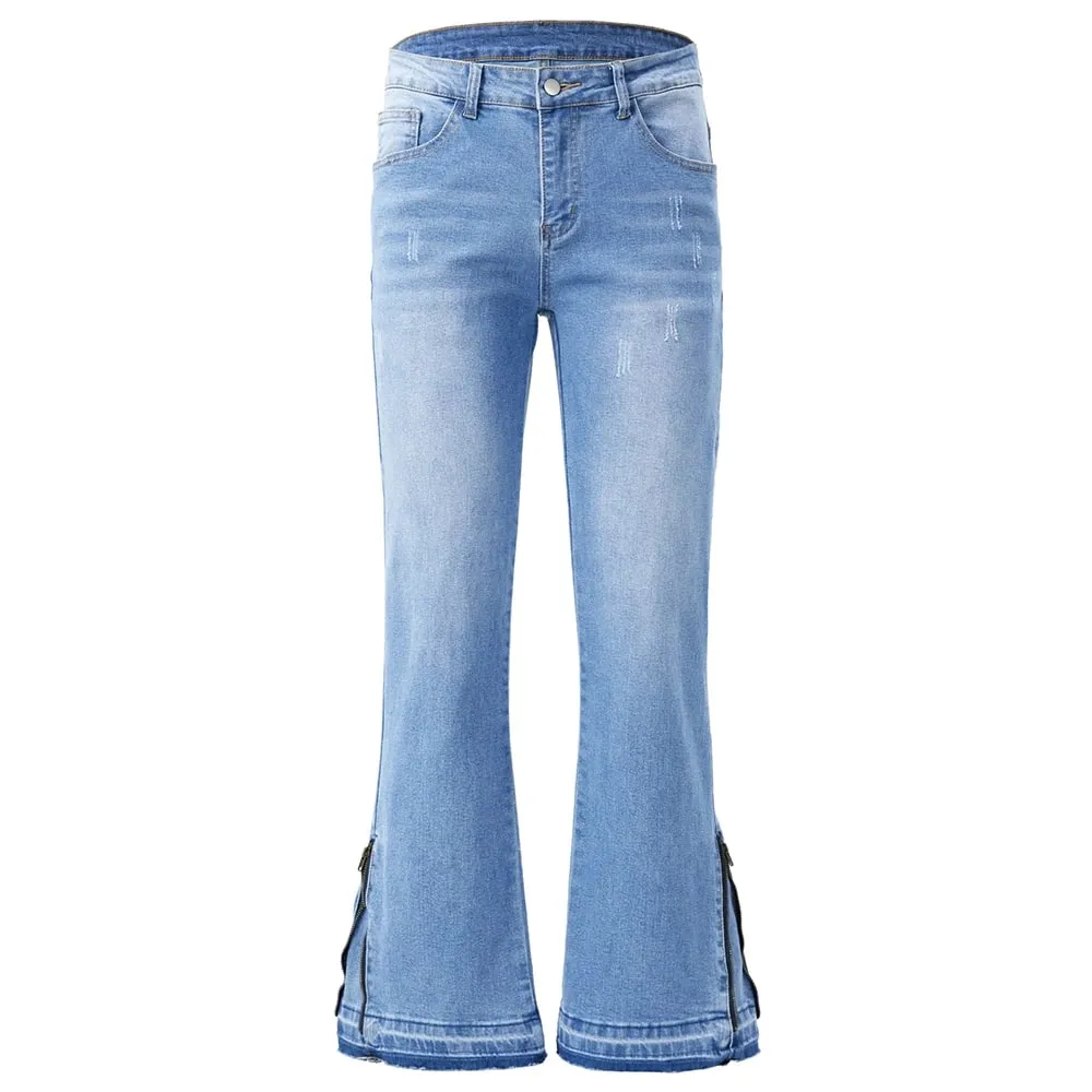 Men's Boot Cut Denim Jeans Streetwear Bottom Zipper Released Hem Pants Pure Color Blue Black Cotton Spandex Trousers — image 2
