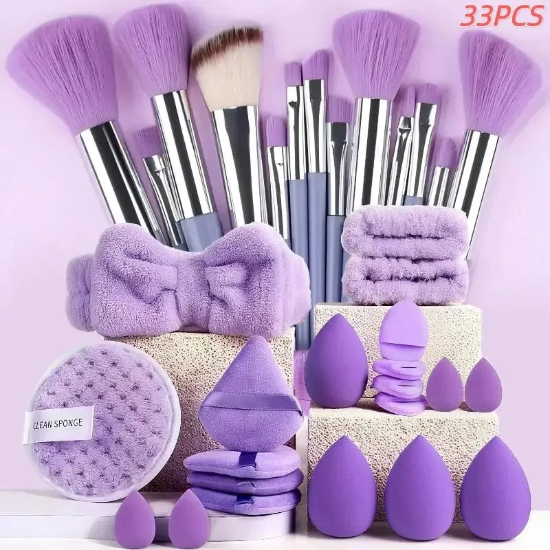 20 33Pcs Full Makeup Tool Set With Puff Brush Beauty Sponge For Makeup Applying And Removing Daily Use