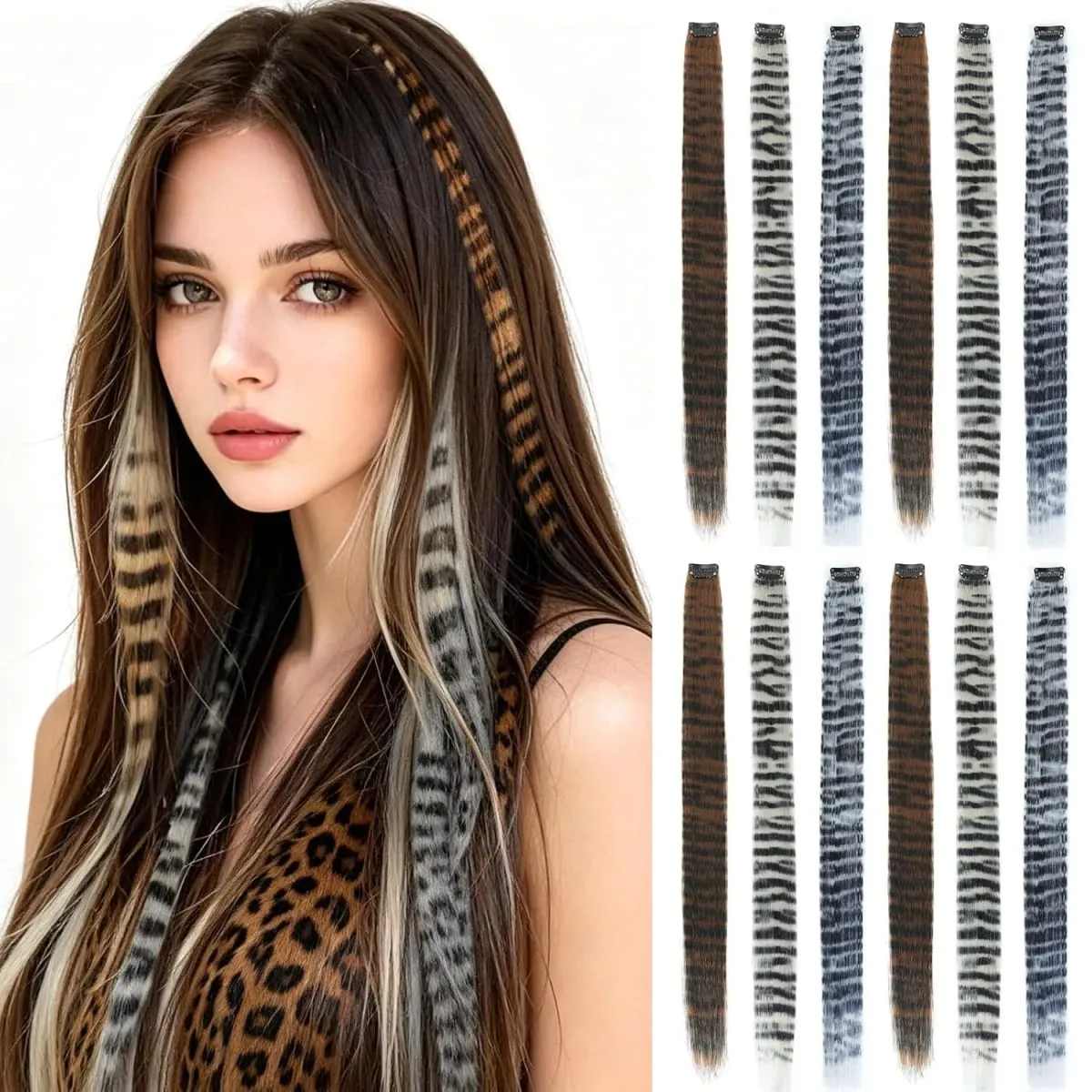Clip in Hair Extensions 22 Inch Brown/Grey/White Synthetic Long Straight Hypoallergenic and Reusable Volumized Wavy