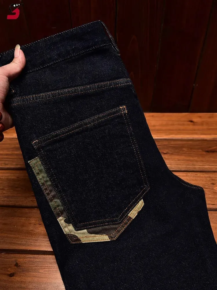 High end trendy Chinese style embroidered printed jeans men's fashion design slim fit small feet elastic denim pants