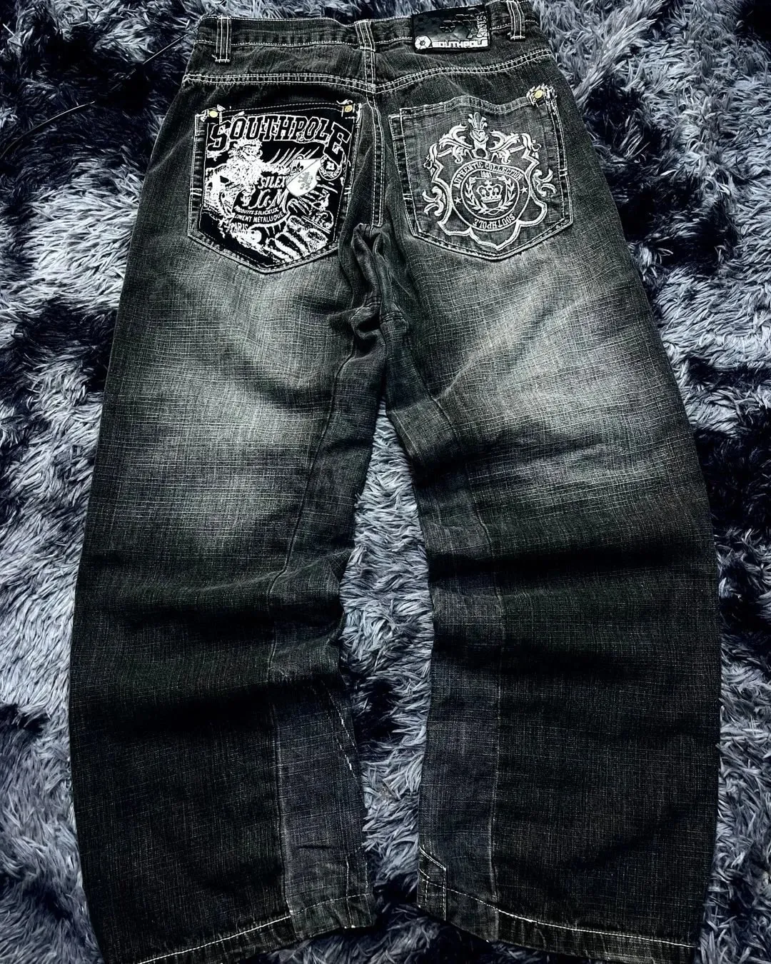 American Hip-hop Oversized Jeans Mens Retro Skateboard Boy Wide-leg Pants Gothic Graffiti Couple Wide Y2k Southpole Pants — image 3