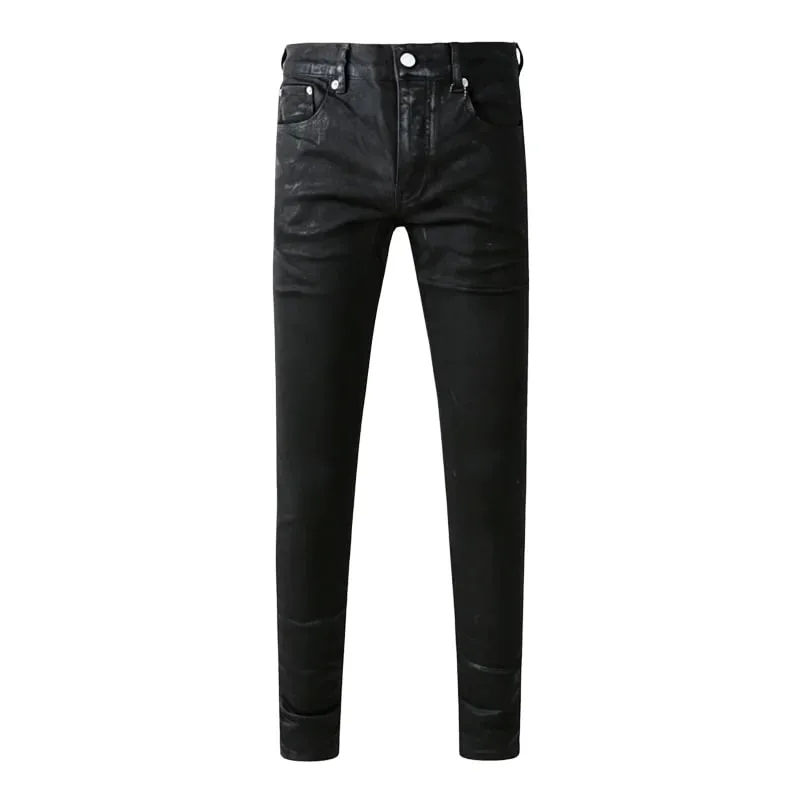 Men's Black Coated Slim Tapered Jeans Washed Distressed Design Button Fly High Street Style